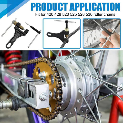 Beefy Heavy Duty Chain Breaker Tool For Motorcycles And Bikes, showing pin remover near wheel and chain.