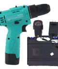 Tough As Nails Cordless Impact Driver Drill Packing Serious High Torque Kick And Smooth Variable Speed Control Up To 1550 RPM, teal handheld drill with battery and charger.
