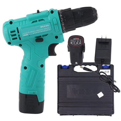 Tough As Nails Cordless Impact Driver Drill Packing Serious High Torque Kick And Smooth Variable Speed Control Up To 1550 RPM, teal handheld drill with battery and charger.