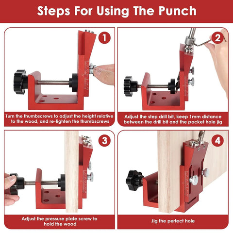 Pocket Hole Jig Kit With Adjustable Aluminum Pocket Hole System Portable Screw Jig Set For Woodworking And Carpentry Includes Three Eighths Inch Step Drill Bits Coarse Square Driver Screws And Wooden Hole Plugs step-by-step use guide