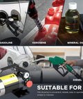 Heavy Duty 110V Electric Fuel Transfer Pump Kit With Self Priming Hose And Reversible Flow showcasing diesel, kerosene, and mineral oil usage.