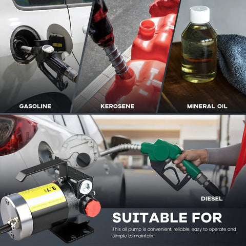 Heavy Duty 110V Electric Fuel Transfer Pump Kit With Self Priming Hose And Reversible Flow showcasing diesel, kerosene, and mineral oil usage.