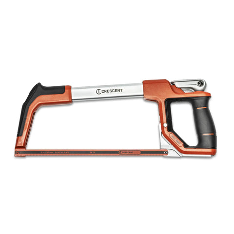 12 Inch Fast Tension Hacksaw With Dual Material Handle, On Board Blade Storage, Ergonomic Front Grip shown from side view.