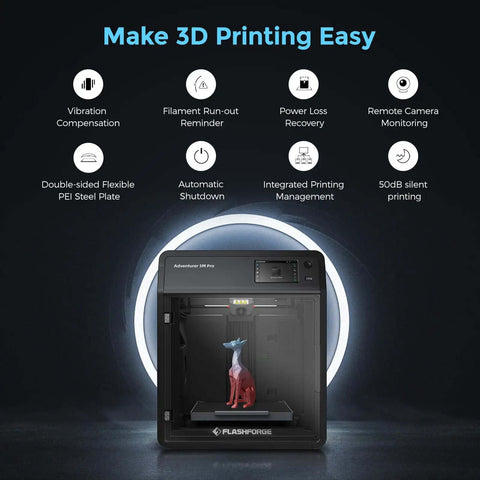 Adventurer 5M Pro High Speed Enclosed 3D Printer For Home And School displaying features on black background