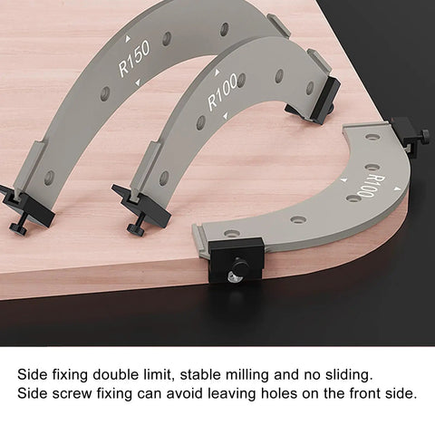 Professional Woodworking Router Corner Radius Templates And Heavy Duty Jigs For Dead On Rounds Smooth As Butter Finishing And Sweet Cabinet Builds Featuring R100 Through R300 Specs showing R100 and R150 templates for precise cuts.