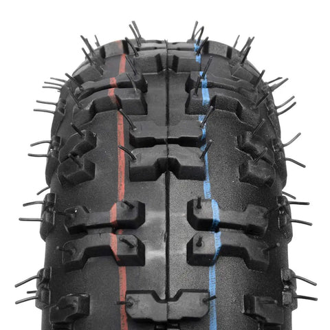 Close-up of the tread pattern on a 2 Pack 4.10-4 410-4 4.10/3.50-4 Inner Tube for Lawn Mowers, Wheelbarrows, Hand Trucks, Go Karts, Garden Tillers and Snow Blowers.