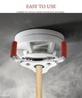 Universal Aluminum Smoke Sensor Tool For No Sweat Assembly And Safe Transducer Adjustments, image of tool in use with red grips and white smoke detector.