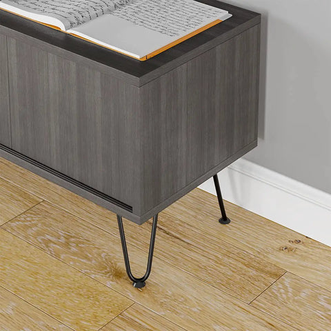 Mid-century modern table with 16 Inch Hairpin Table Legs Set 3/8 Inch Solid Steel Black With Rubber Floor Protectors visible.