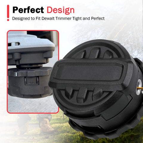 Weed Trimmer Head Cap Cover Replacement With Spring And Cap Parts For Cordless String Trimmer Easy Install Compatible With DCST922P1 DCST922B DCST972X1 Black, shown in close-up for detailed view.