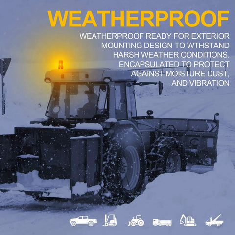 Built Tough 30 Led Amber Strobe Light 30w Roof Beacon For Forklift Mower Atv Truck 4 Pack mounted on tractor during snow.