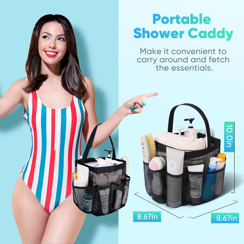 Mesh Shower Caddy Portable For Dorms And Travel With 9 Pocket Large Capacity For Beach Gym Swimming Camping And More Durable Hanging Shower Bag with toiletries and towel.