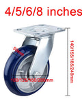 Heavy Duty Four Pack Of Eight Inch Polyurethane Swivel Caster Wheels Featuring Built Like A Tank Durability Smooth Silent Rolling Brake And Rock Solid Cast Iron Hub For Garden Carts, featuring blue polyurethane wheel and metal plate.