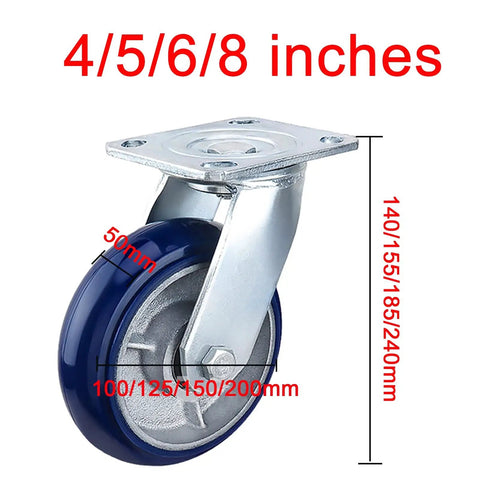 Heavy Duty Four Pack Of Eight Inch Polyurethane Swivel Caster Wheels Featuring Built Like A Tank Durability Smooth Silent Rolling Brake And Rock Solid Cast Iron Hub For Garden Carts, featuring blue polyurethane wheel and metal plate.