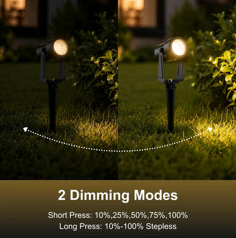 Landscape Spotlights With Sensor And 5 Lighting Modes for brightness control showing dimming capability, outdoor setting.
