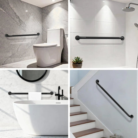 Hella Sturdy Extra Long Matte Black Safety Grab Bar Featuring Knurled Anti Slip Grip And Premium 304 Stainless Steel in bathroom settings.