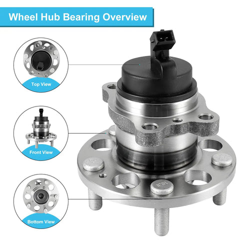 Premium 2 Piece Rear Wheel Hub And Bearing Assembly Bolt On Direct Fit Replacement For Kia Soul And Soul Ev, detailed top view.