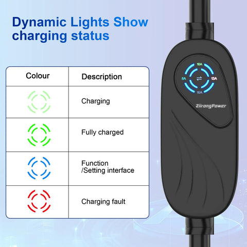 Portable Level 1 And 2 EV Charger With 25Ft Cable For On The Go And J1772 Plug displaying LED charging status