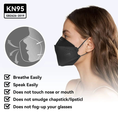 Woman wearing KN95 Face Masks 50 Pack for Adults and Teens, Soft And Comfy Disposable Masks With Up To 95 Percent Filtration, Black 3D Ergonomic Design For Secure Fit And Everyday Protection, side view.
