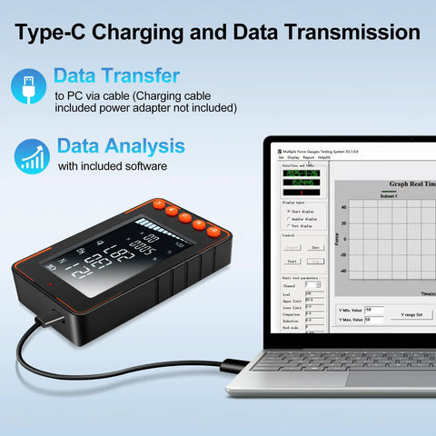 Pro Grade Digital Trigger Pull Gauge And Force Meter With 500N Capacity Big LCD Display Shows N Kg And Lb In Real Time Peak And Auto Peak Modes Data Software Calibration Certificate Great For Push Pull Tests And Quality Control connected to laptop