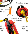75 Foot Water Rescue Throw Rope With Bag Marine Grade Line Kayak Throw Bag Rescue Rope Bag Beefed Up Heavy Duty Throw Rope For Boating And Watersports Easy Carry Red Throw Bag showing safety whistle, stainless steel carabiner, and quick release buckle in a red bag.
