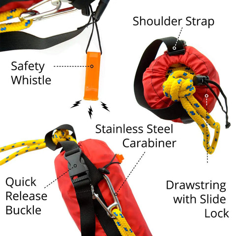75 Foot Water Rescue Throw Rope With Bag Marine Grade Line Kayak Throw Bag Rescue Rope Bag Beefed Up Heavy Duty Throw Rope For Boating And Watersports Easy Carry Red Throw Bag showing safety whistle, stainless steel carabiner, and quick release buckle in a red bag.
