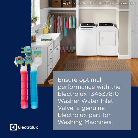 Electrolux Washer Water Inlet Valve 134637810 Replacement Part For Washing Machines shown with laundry setup.