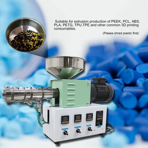 Pro Grade Single Screw Filament Extruder Cranks Out 3D Printer Material From PEEK ABS PLA PETG TPU TPE Without The Hassle And Features A Beefy One Inch Screw Pulling Smooth Hot Plastic Wire Fast On 110V, with hopper full of raw plastic beads.