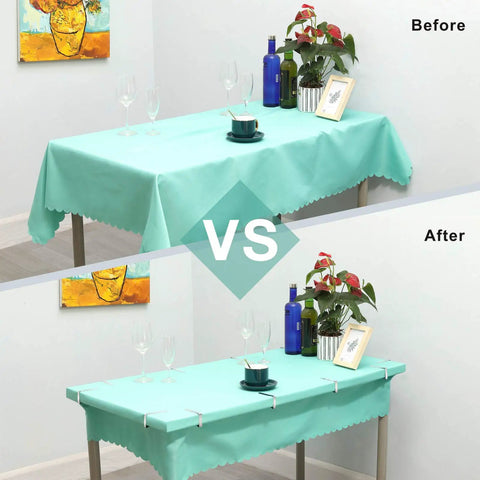 Comparison of table with and without Heavy Duty Tablecloth Clips 12 Pack Stainless Steel Table Clip Clamps For Restaurants Picnics