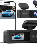 Dual 2K Front And Rear Dash Cam With 64GB SD Card Wireless WiFi Car Camera 1.5 Inch Screen and Mini Back Camera setup.