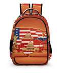 Unisex Flag And National Landmarks Printed Backpack with USA map design, made of durable polyester for travel and school use.