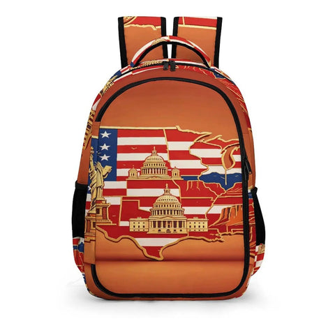 Unisex Flag And National Landmarks Printed Backpack with USA map design, made of durable polyester for travel and school use.