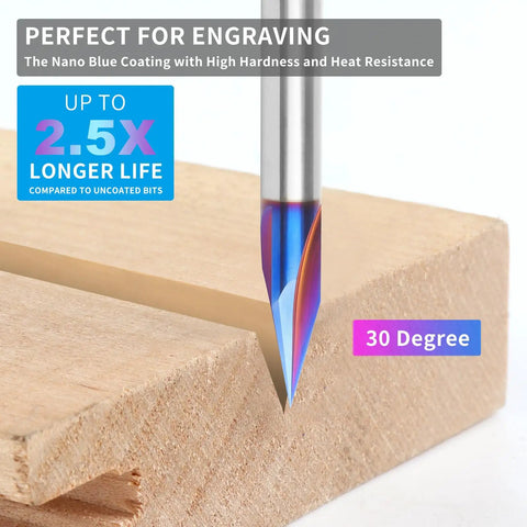 CNC Wood Carving Router Bit Set With One Quarter Inch Shank 30 Degree V Groove Bit Cutting Wood, Showing Nano Blue Coating