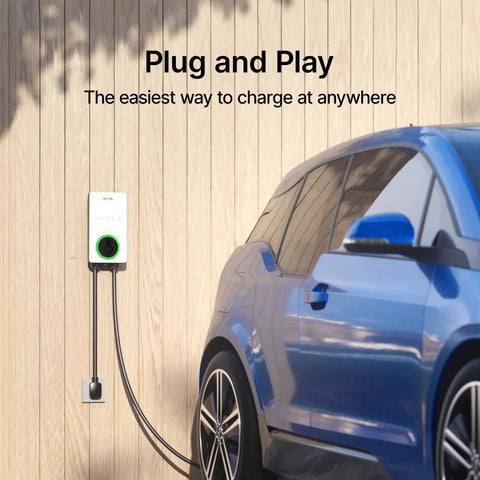 Top Shelf Level Two EV Charger Up To Forty Amps 240 Volt Home Electric Vehicle Charging Station mounted and connected to a vehicle.