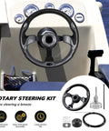 Boat Steering System With Thirteen Foot Cable Outboard Steering Kit Three Quarter Inch Standard Tapered Shaft in a boat cockpit