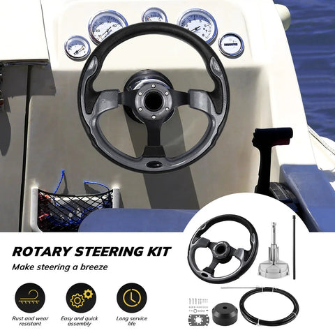 Boat Steering System With Thirteen Foot Cable Outboard Steering Kit Three Quarter Inch Standard Tapered Shaft in a boat cockpit