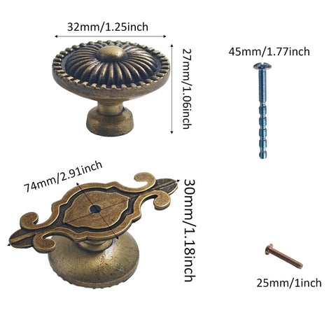 Vintage Retro Drawer Knob Set With Backplates 5Pcs Mushroom Shape Antique Bronze Zinc Alloy Pull Handles size and screws