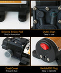 Close-up of Portable DC 12V 75W Gasoline Transfer Pump features including shock pad, outlet sign, dust cover, and switch plug.