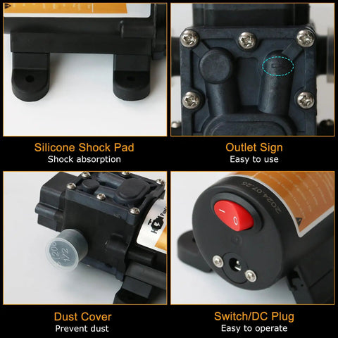 Close-up of Portable DC 12V 75W Gasoline Transfer Pump features including shock pad, outlet sign, dust cover, and switch plug.