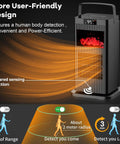 Infrared Sensor Space Heater with Realistic Fireplace Flame Effect 1500W Ceramic Oscillating Heater showing sensing range