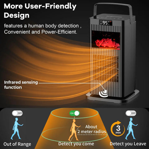 Infrared Sensor Space Heater with Realistic Fireplace Flame Effect 1500W Ceramic Oscillating Heater showing sensing range
