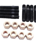 VW 8 Pack Exhaust Manifold Flange Studs and Copper Nuts M8 x 30 12mm Heads for Golf 1974-97 Kit DIY Friendly Heavy Duty Engine Hardware for Easy Install and Leak Free Seal. Black flange studs and copper nuts shown laid out