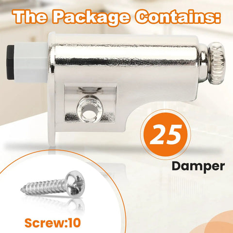 25 Pack Real Deal Soft Close Cabinet Dampers With Slick Self Closing Silicone Bumpers To Shut Kitchen Cupboards And Bedroom Wardrobes Smooth Without Any Loud Door Slams Once And For All, showing damper and screw.