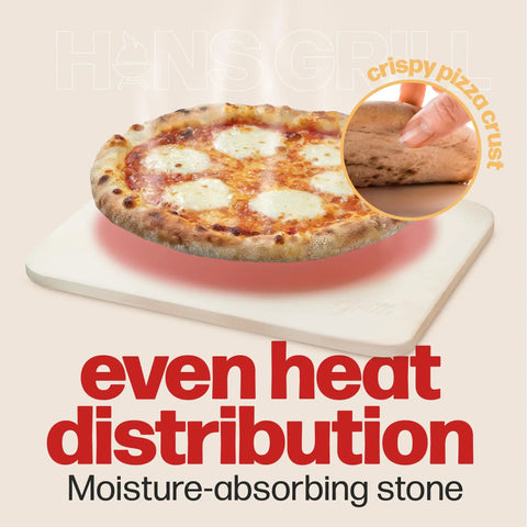 Rectangular Pizza Stone For Oven And Grill With Free Wooden Peel, Extra Large 15 By 12 Inch Cordierite Stone For Crispy Pizza, Calzones, Bread, Pastry, Indoor Or Outdoor Cooking, Durable, displaying pizza with crispy crust on stone showing even heat distribution.