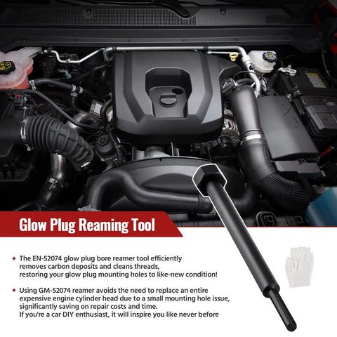 Gearhead Grade Glow Plug Bore Reamer For Duramax 6.6L 3.0L 2.8L Diesel Engines, tool with spiral cleaning head shown in engine bay