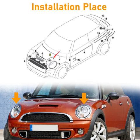Diagram and photo of MINI Cooper Headlight Trim Ring Kit 2007-2013 R55 R56 R57 Dope Chrome Bezel Pair installation