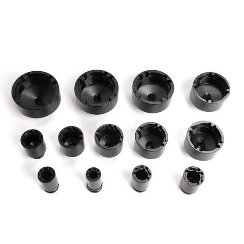Beefy 13 Piece 1/2 Inch Drive Socket Set With Internal Teeth For Grooved Locknuts, 60mm Long, various sizes, top view.