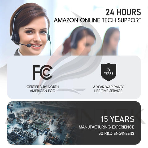 Support staff providing 24-hour online assistance, emphasizing FCC certification and manufacturing expertise.