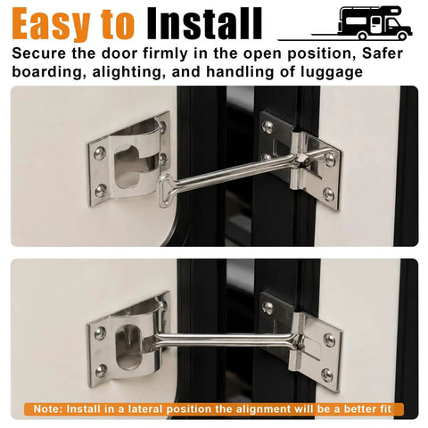 Heavy Duty 4 Inch RV Door Holder 304 Stainless Steel Camper Door Stop With Mounting Hardware showing installation on RV doors.