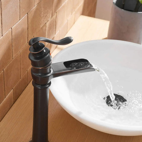 Waterfall Vessel Sink Faucet With Single Hole Install, Oil Rubbed Bronze Rustic Farmhouse Lavatory Tall Basin Vanity in use