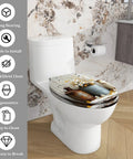 Elongated Toilet Seat QuietClose for Farmhouse Bathroom with floral design, mounted on a toilet, easy to clean, ergonomic.